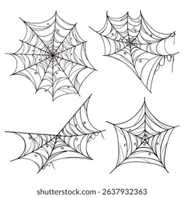 Black Spider Web Set in Hand Drawn Style. Doodle arachnid web perfect for cards, party invitations, web, fashion, print