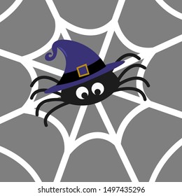 Black spider in witch hat and spider web vector isolated on grey background. Happy Halloween. Funny, cute cartoon baby character. Halloween decor. Vector illustration in flat style