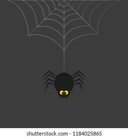black spider with yellow eyes hangs on cobweb on a grey background vector illustration EPS10