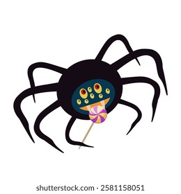 A black spider with yellow-red eyes and a candy Lollipop in its paw. Halloween decorations. Isolated vector illustration	