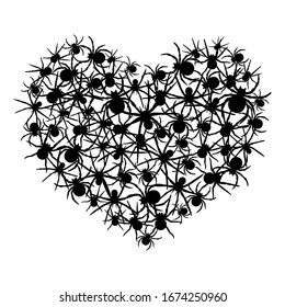 Black spiders background. Black heart pattern. Vector illustration. 