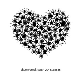 Black spiders background. Black heart pattern. Vector illustration. 