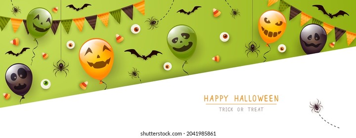 Black spiders, bats, eyes and Halloween balloons with scary smiles on green and white background. Happy Halloween banner. Illustration for children's holiday design, decoration, card, banner, template