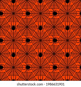 black spiders with cobwebs on an orange background. Halloween seamless pattern for t-shirts or packaging 
