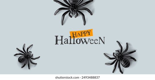 Black spiders crawl, top view, 3D. Happy Halloween. Big spiders, for Halloween advertising concepts, advertising and product promotion, promotional discounts. Vector