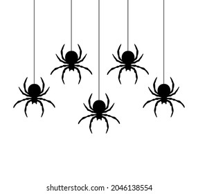 Black spiders hanging on a web.  Vector illustration.