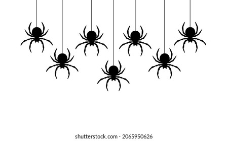 Black spiders hanging on a web.  Vector illustration.