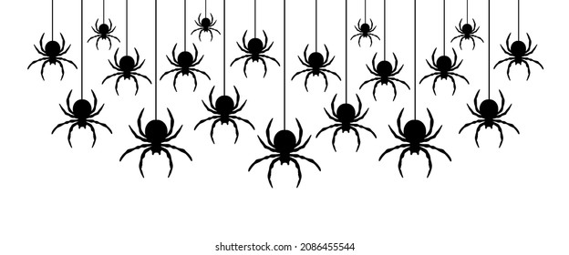 Black spiders hanging on a web.  Vector illustration.