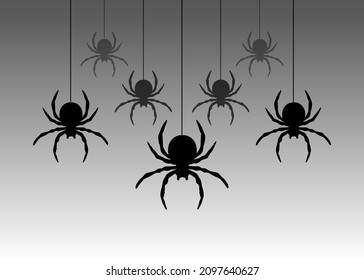Black spiders hanging on a web.  Vector illustration.