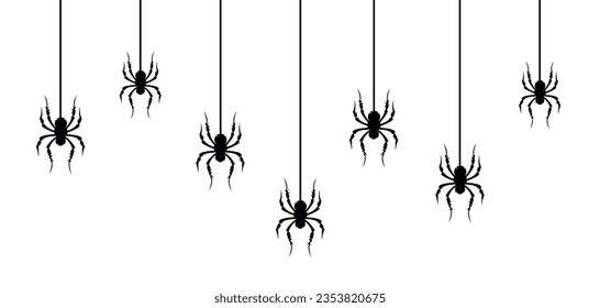 Black spiders hanging on a web. isolated on white background. Halloween concept. Vector stock