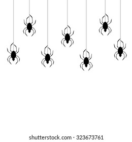 Black spiders hanging from the top on a black spider web on a white background