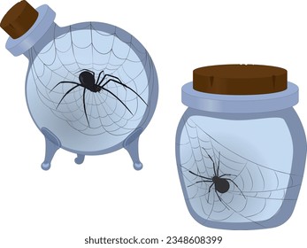 Black spiders on cobweb in glass jars vector illustration