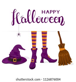 Black spiders on lettering Happy Halloween with purple witches hat, legs in shoes and broom on white background, illustration.