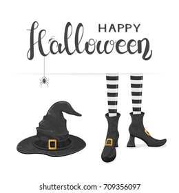 Black spiders on lettering Happy Halloween with witches hat and legs in shoes on white background, illustration.