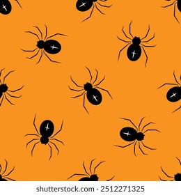Aranhas pretas sobre um fundo laranja. Dia das Bruxas padrão perfeito. Para pano de fundo, papel de embrulho, tecido, papel de parede. Ilustração vetorial  
