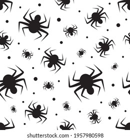 Black spiders on white background seamless pattern. Vector illustration.