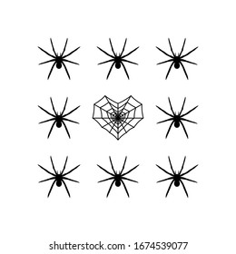 Black spiders pattern with a web heart-shaped. Isolated vector illustration. Use for printing, posters, T-shirts, textile drawing, print pattern. Other spiders patterns in my collections.