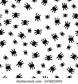 Black spiders seamless pattern for Halloween surface decor background. Vector small sign of scary insects.