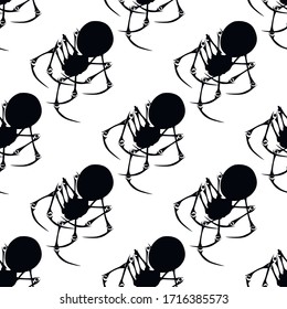 Siluetas de arañas negras con un patrón transparente en fondo blanco, ilustración vectorial