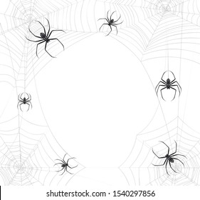 Black spiders web realistic background with round composition of insects sitting on spidernet with empty space vector illustration