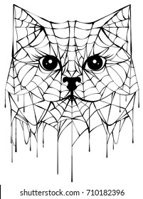 Black spiderweb silhouette head cat. Halloween accessory. Isolated on white vector illustration