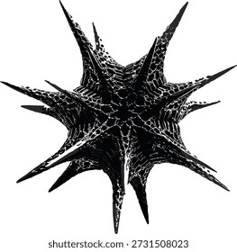 Black spiked abstract 3D object, symmetrical digital shape with textured surface, futuristic design for science, tech or concept art