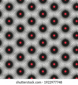 Black spiky seamless vector pattern with red center dots