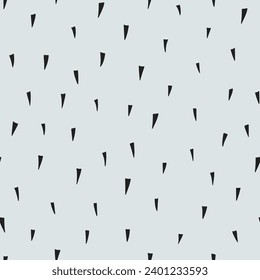 Black spiky triangles on a bluish grey background. Simple minimalistic thorn seamless pattern. For textile, wallpaper, packaging, DIY projects.
