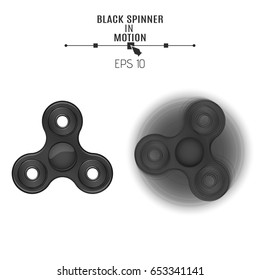 The black spinner is spinning on a white background. Modern toy antistress for fingers. 3d style. Fast rotation. Isolated on white background. Cover for advertising. Vector illustration. EPS 10