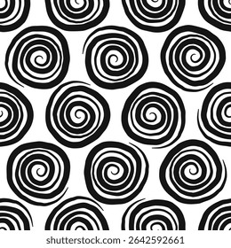 Black spiral circles isolated on white background. Geometric monochrome seamless pattern. Vector simple flat graphic hand drawn illustration. Texture.