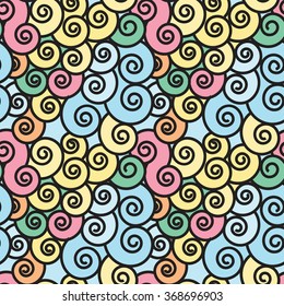 Black spiral of different shapes on a colored background, to decorate greeting cards, fabric backgrounds. Seamless vector pattern.