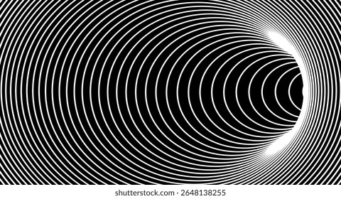 Buraco espiral preto com fundo de linha de túnel e efeito de funil 3D para vórtice abstrato. Padrão óptico de buraco de minhoca com círculo geométrico e ilusão de deformação. Arte do espaço hipnótico do portal de wireframe vetorial.