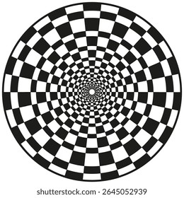 Ilusão espiral negra. Forma de círculo hipnótico. Vetor óptico abstrato. Design redondo com xadrez.