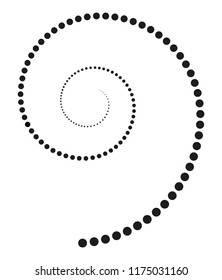 Black spiral made of increasing dots. Points from the center of the spiral getting bigger and forming a spiral. Black isolated illustration on white background. Vector.