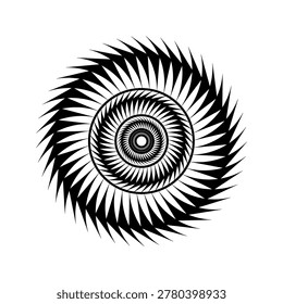 Black spiral mandala. Circular Vector ornament. Geometric sunburst shape. Abstract optical illusion vortex sign. EPS 10.