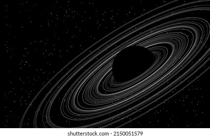 Black Spiral Black Planet with Rings. Black Hole Background. Universe and Starry Concept. Minimal Art Style Vector Space Illustration.