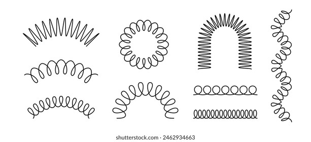 Black spiral spring set. Wire coil springs collection. Thin wire frames, zigzag lines, metal waves, flexible coils and arch elements pack for graphic design templates, decor, border. Vector bundle