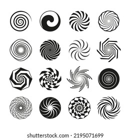 Black spirals set. Round simple spiral ornaments, rough circle swirling elements. Swirl icons, hypnosis twirl for logo. Tidy geometric vector graphic set