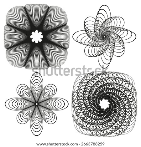 Black spiro quad. Concentric petal Vector. Geometric flower set. Intricate spiral art. EPS 10.