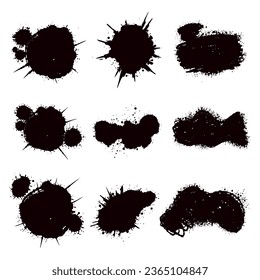 Black splash collection. Ink stain. Spray paint the shape with stain. Set of spray paint elements. black ink splash lines and drops. Paint brush, stroke vector set. Spray paint the shape with stain.