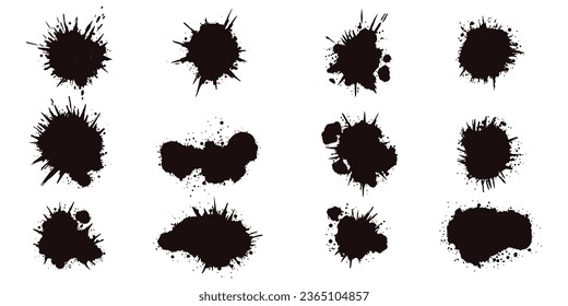 Colección de salpicaduras negras. mancha de tinta. Pintar la forma con manchas. Conjunto de elementos de pintura con aerosol. líneas de salpicadura de tinta negra y caídas. Pinza, conjunto de vectores de trazo. Pintar la forma con manchas.
