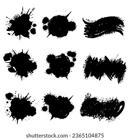 Colección de salpicaduras negras. mancha de tinta. Pintar la forma con manchas. Conjunto de elementos de pintura con aerosol. líneas de salpicadura de tinta negra y caídas. Pinza, conjunto de vectores de trazo. Pintar la forma con manchas.