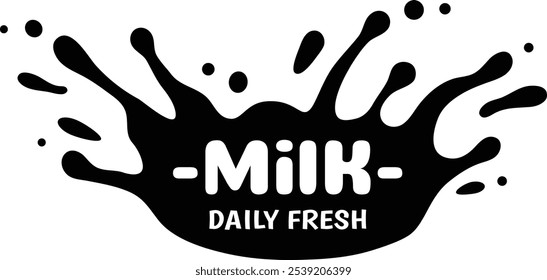 Black splash with rounded edges is laying on a white background, the word milk is written in bold white rounded letters, and daily fresh is written below in smaller letters