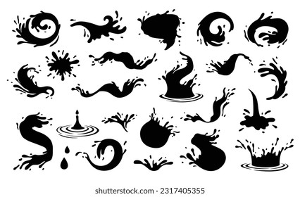 Black splash set. Ink drops and splashes. Artistic vector dirty grunge, abstract spot. Blotter spots liquid paint drip drop splash ink splatter. Monochrome black water drip splash, splat messy inkblot