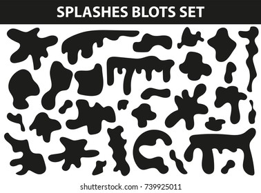 Black splash spots set. Drips and stains collection. Drops of stains. Isolated on white background. Splashes blots. Vector illustration