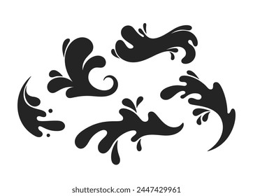 Black Splashes And Blobs Isolated On White Background. Abstract Silhouettes Of Bold, Flowing Forms Of Paint, Oil, Ink