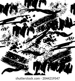 Black splashes and blots of paint on a white background seamless pattern. Vector isolated