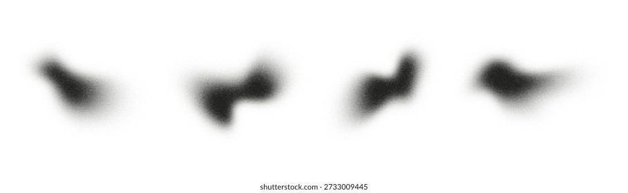 Schwarze Spritzer und Schatten bilden glatte Rauschformen und abstrakte Punktmuster auf weißem Hintergrund. Der Korneffekt fügt dem Gesamtdesign Textur hinzu und schafft so ein interessantes visuelles Erlebnis.