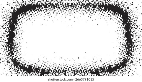 Black splatter frame creates an oval shape with varying dot densities against a bright white backdrop, ideal for emphasizing space and providing a textured effect.