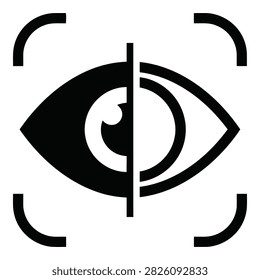 Black split vision eye symbol icon on white background, representing surveillance and vision